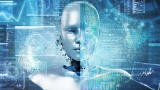 Computerized image of an artificial intelligence robot with a data panel in the background