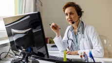 Healthcare provider sitting at a desk wearing a lab coat and headphones while talking to someone on a computer