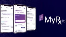 Several smartphones showing different aspects of MyRx.io, like searching for a medication or making an appointment