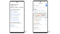 Two smartphones displaying the Medicare and Medicaid information in search as well as the Medicaid filtering feature.