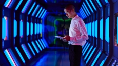 Individual in a futuristic-looking space