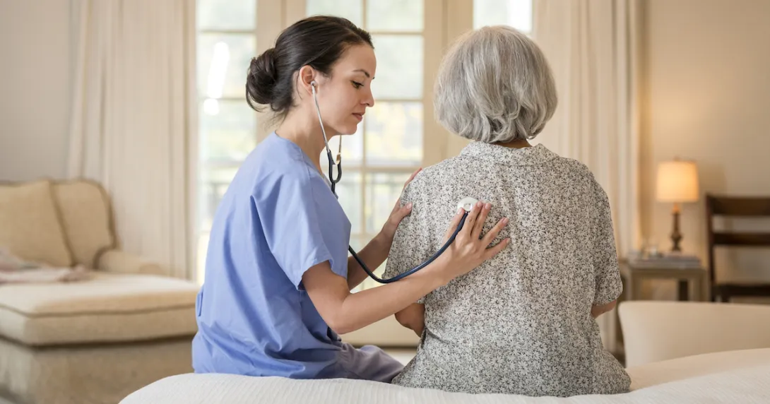 A healthcare professional and another person sitting on a bed with the healthcare provider listening to the other's lungs using a stethoscope