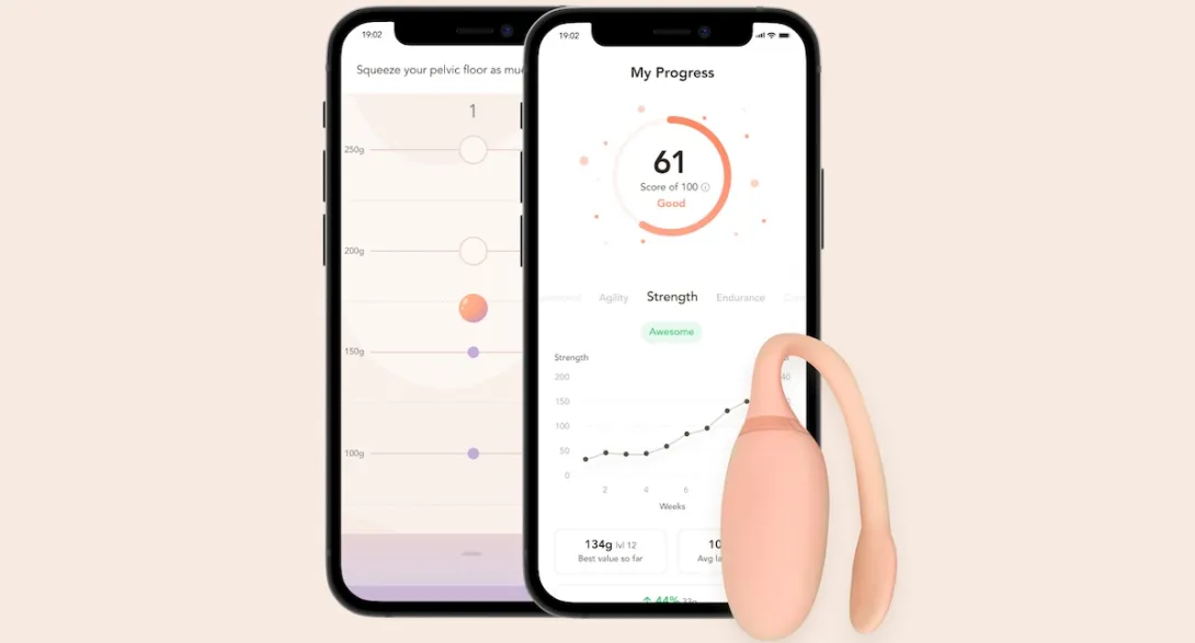 The Bloom sensor next to two smartphones displaying the corresponding app