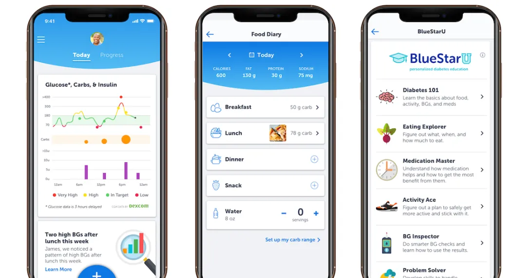 Images of smartphones displaying the BlueStar app