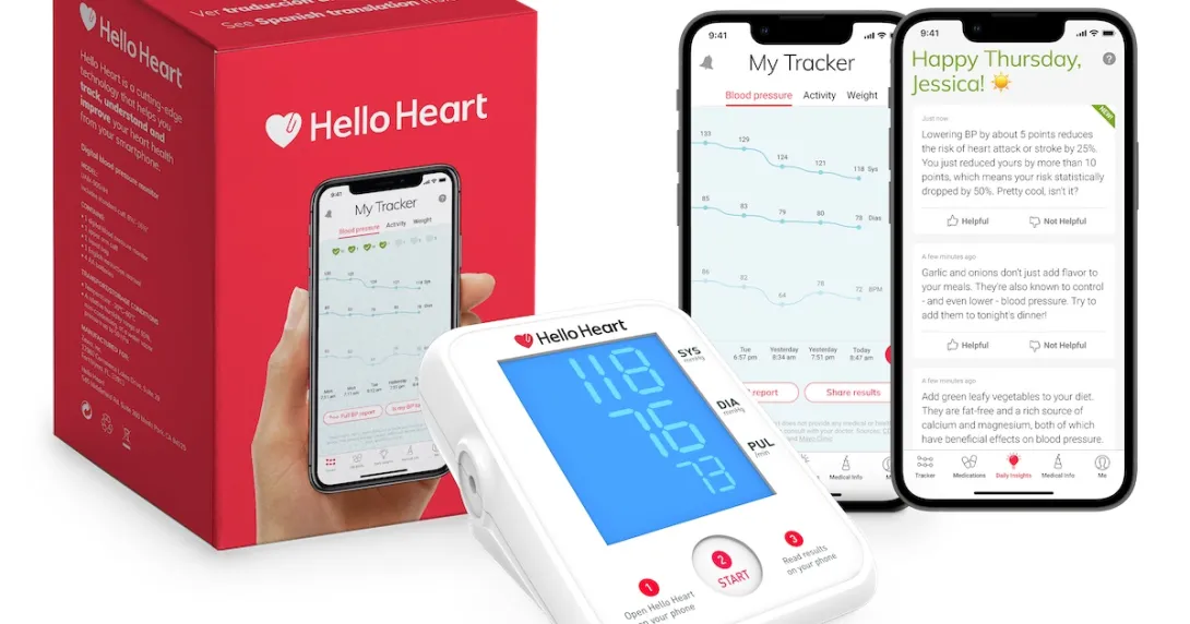 The Hello Heart platform, including smartphone displaying the app and the connected blood pressure monitor