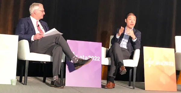 Dr. Joe Kvedar, professor at Harvard Medical School and Board Chair of the ATA, talks with Dr. David Mou, CMO of Cerebral, during ATA2022 on Sunday in Boston.