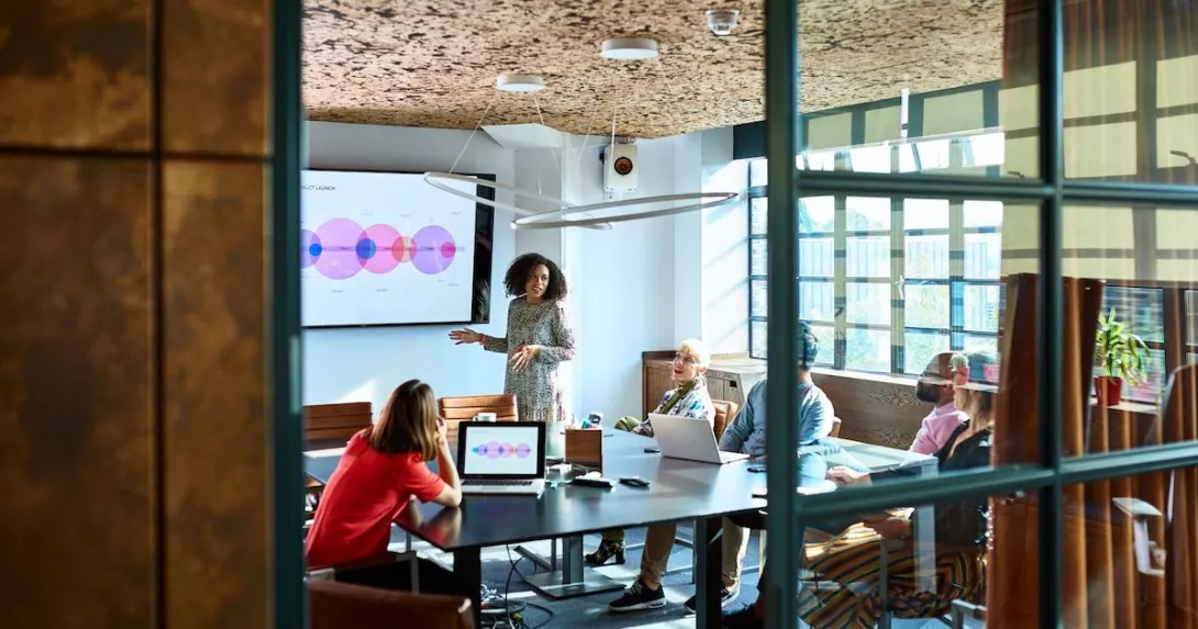 A woman presents to investors